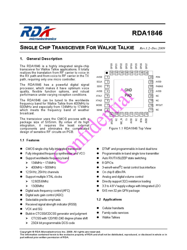 RDA1846 Datasheet V1.2e | PDF | Integrated Circuit | Frequency Modulation