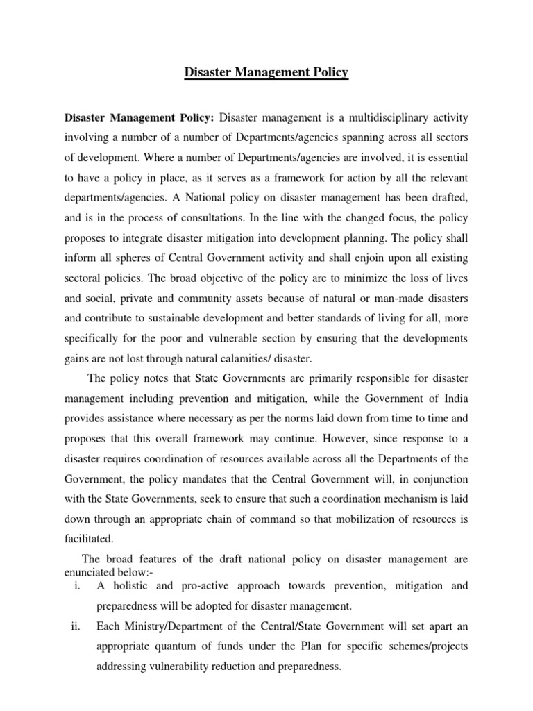 National Disaster Management Policy Overview | PDF | Emergency ...