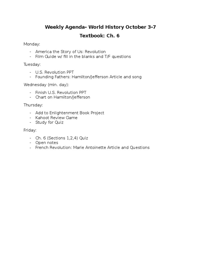 World History Weekly Agenda Oct 3 To 7 | PDF