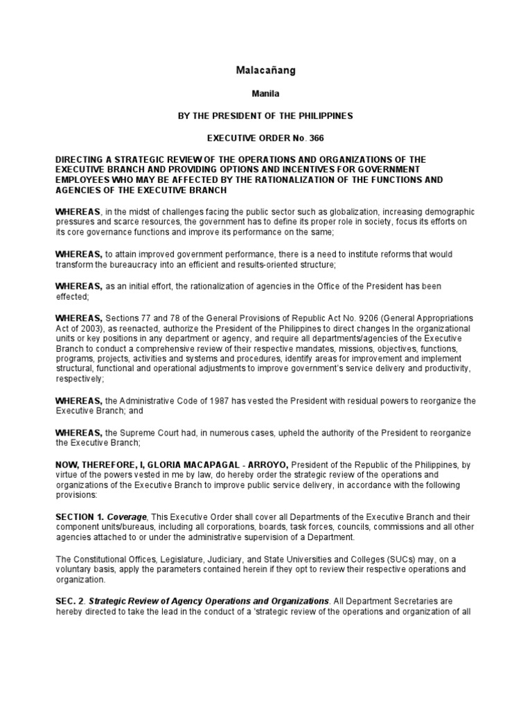 Executive Order No. 366 President Of The Philippines Employment