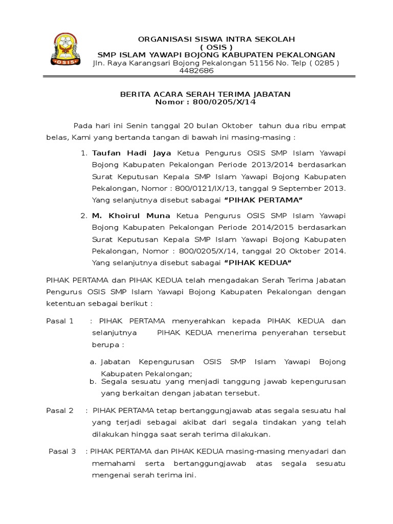 Berita Acara Serah Terima Jabatan Osis