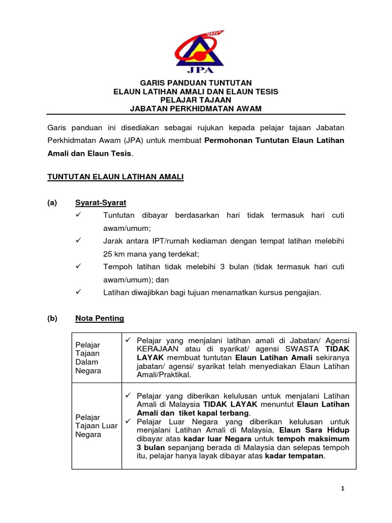 Garis Panduan Tuntutan Elaun Latihan Amali Dan Elaun Tesis 