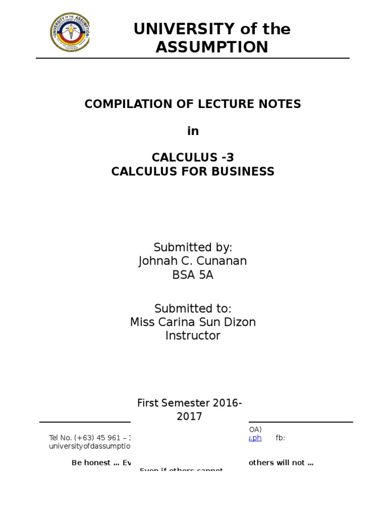 University of The Assumption: Compilation of Lecture Notes in Calculus ...