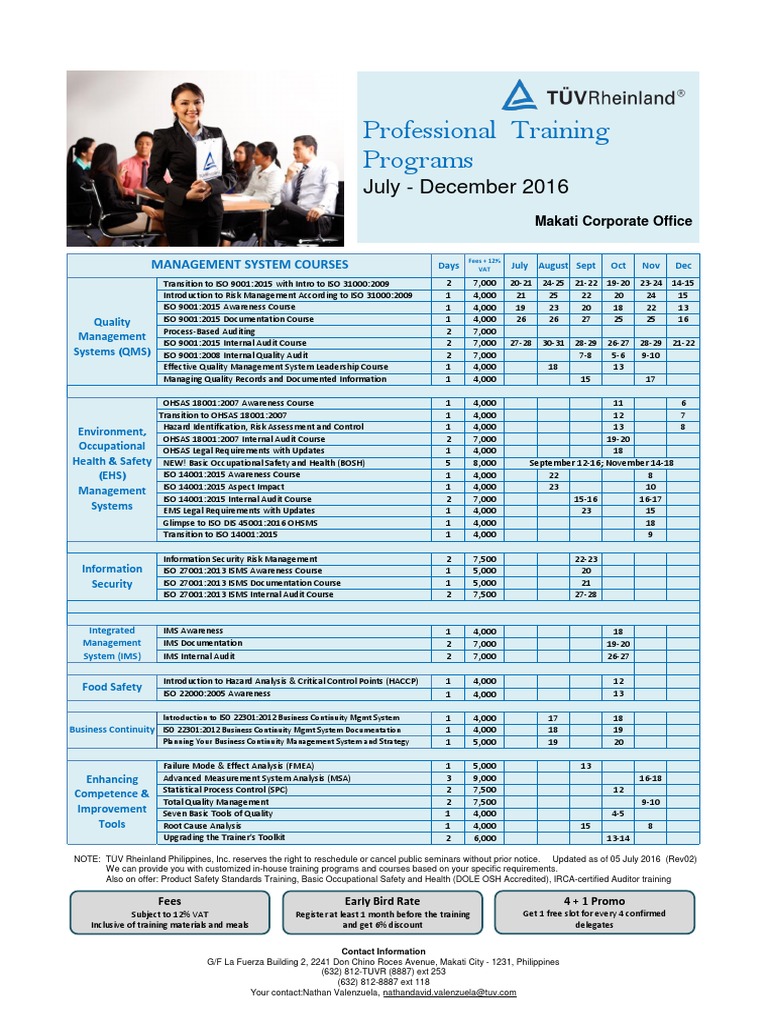 TUV Rheinland Public Training Calendar July December 2016 PDF
