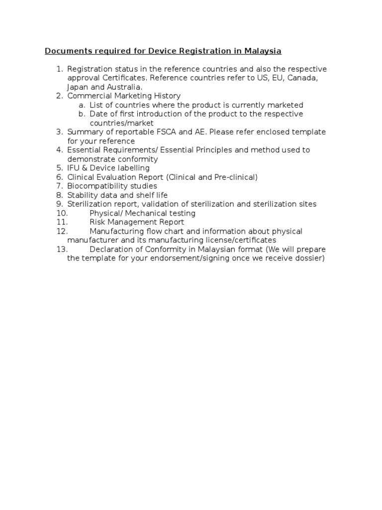 Documents Required For Medical Device Registration in Malaysia 231014 | PDF