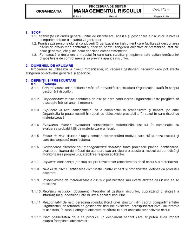 Procedura de Sistem - Managementul Riscului | PDF