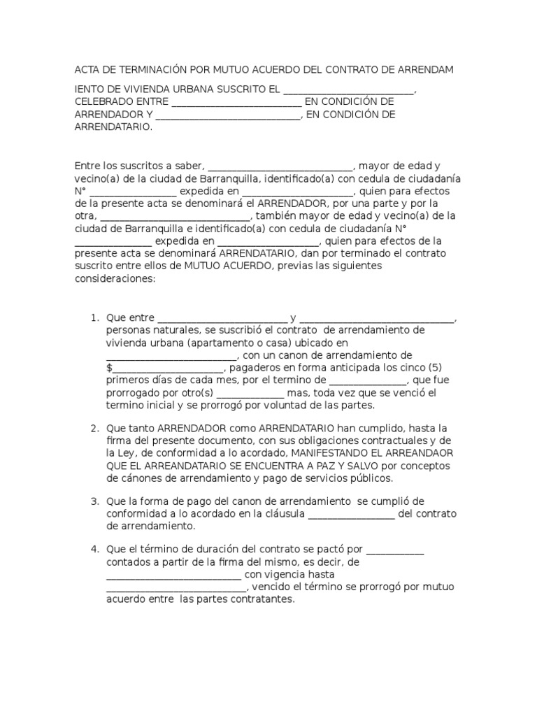 Carta De Terminacion De Contrato De Arrendamiento De Vivienda