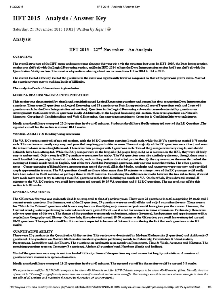 IIFT 2015 - Analysis - Answer Key | PDF | Arithmetic | Teaching Mathematics