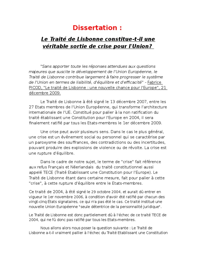 Dissertation Institutions Europeennes Pdf Union Europeenne Traite