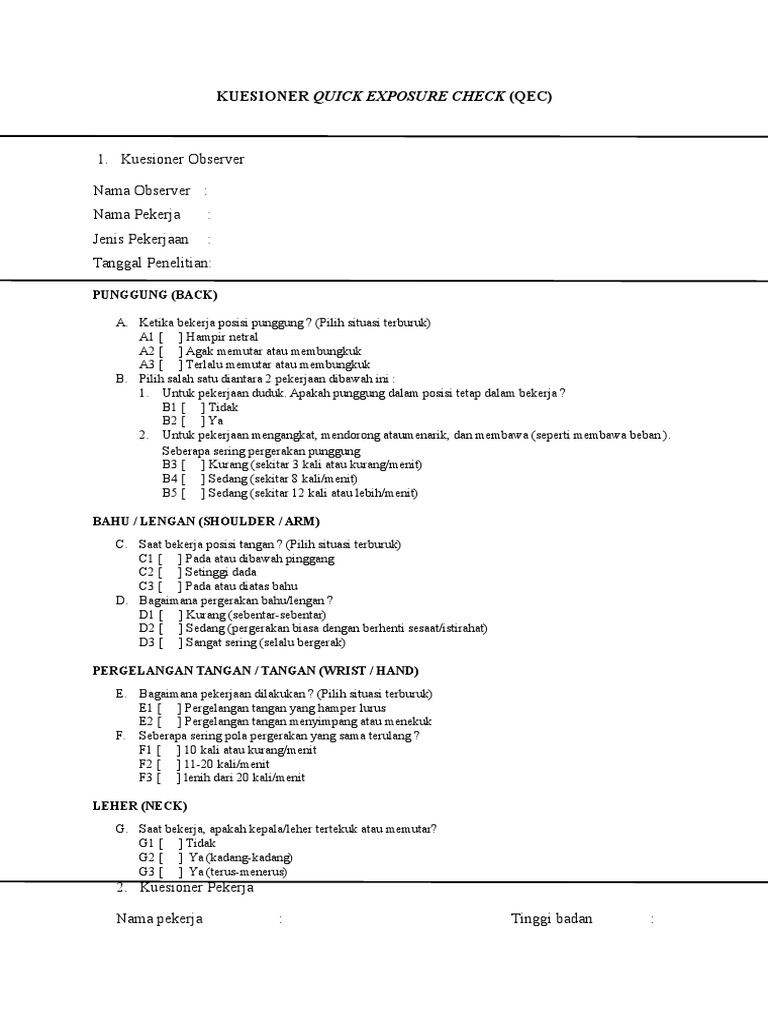 Kuesioner Quick Exposure Check (QEC) | PDF
