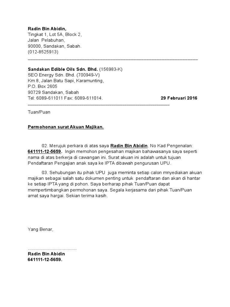 Surat Rasmi Ayah Permohonan Akuan Majikan Pdf