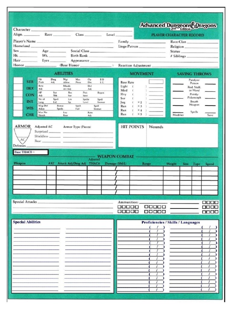 Blank 2nd Ed D&D Character Sheet PDF