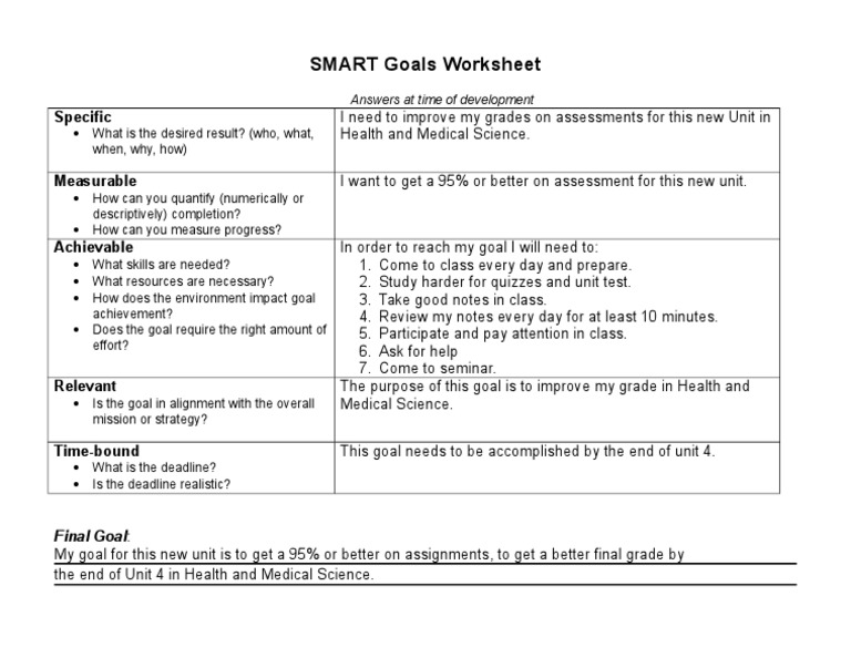 SMART Goals Worksheet Specific PDF Goal Psychological Concepts
