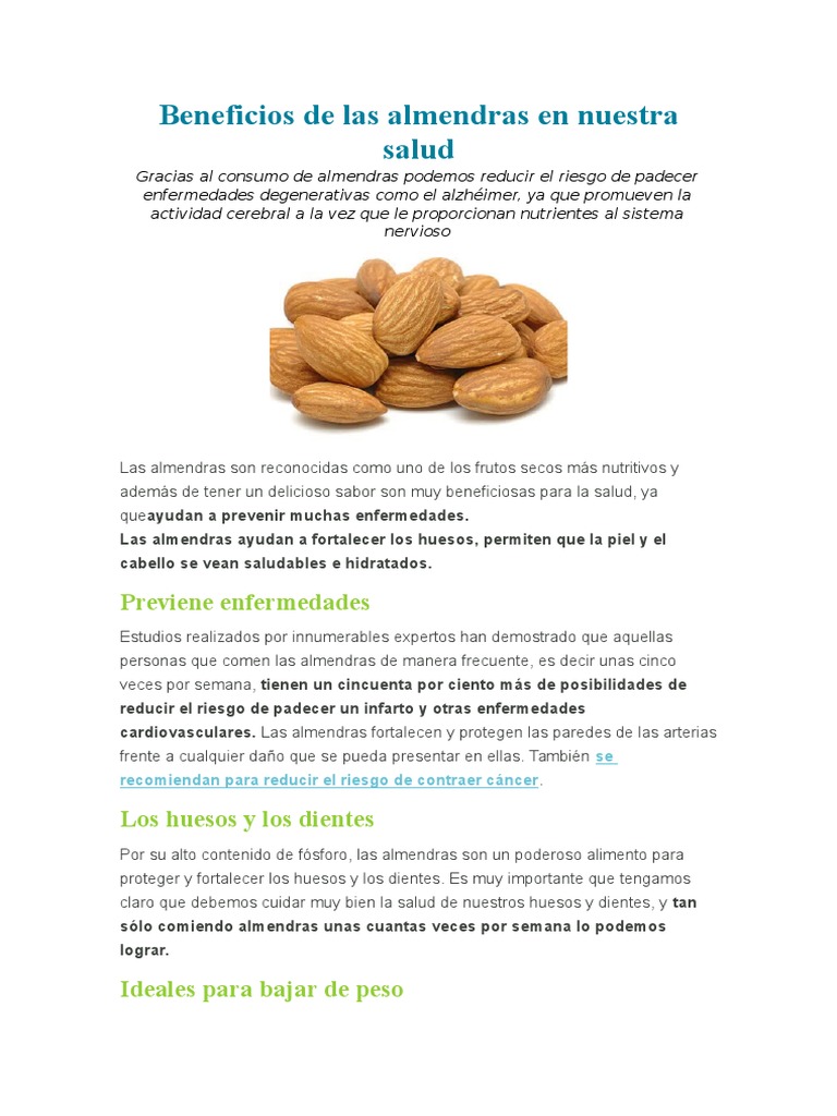 Beneficios de Las Almendras en Nuestra Salud PDF Nutrientes Alimentos