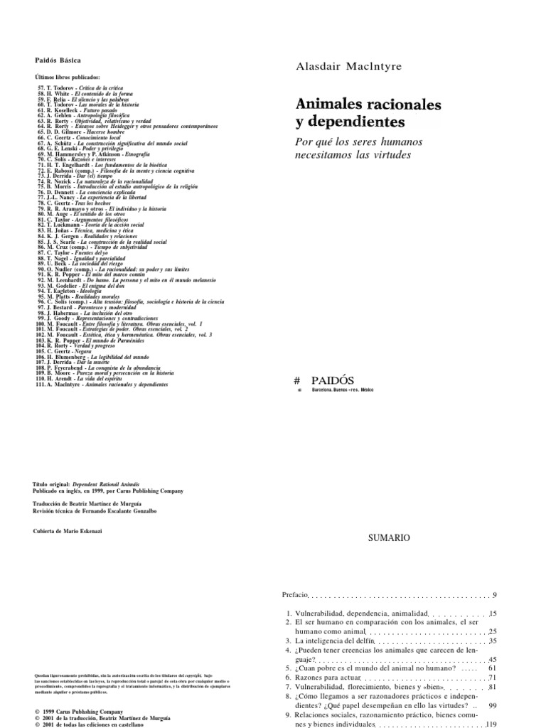 MACINTYRE, Alasdair. Animales Racionales y Dependientes PDF | PDF ...
