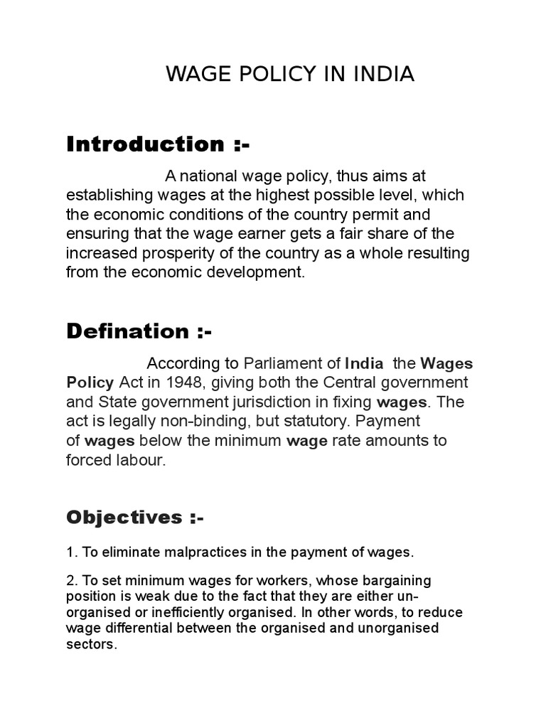Wage Policy in India PDF Wage Minimum Wage