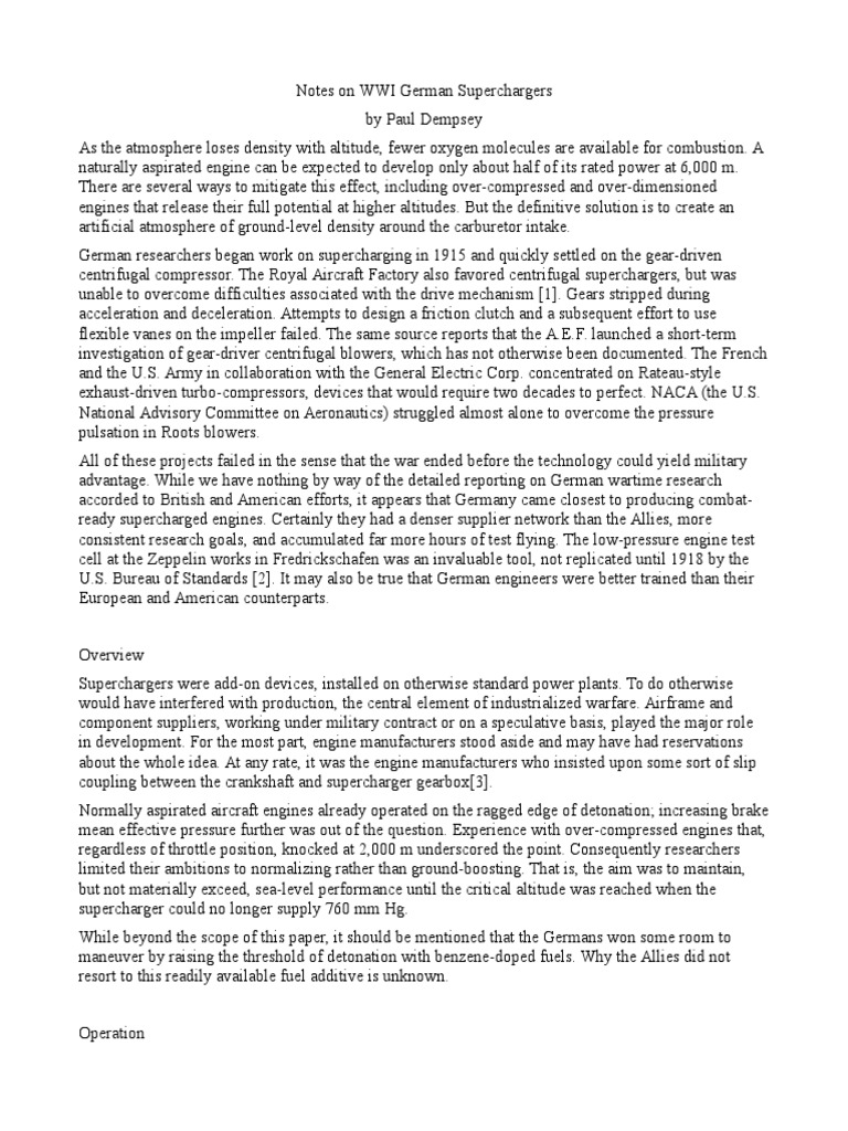 WW1 German Aircraft Superchargers PDF Turbocharger Gas Compressor