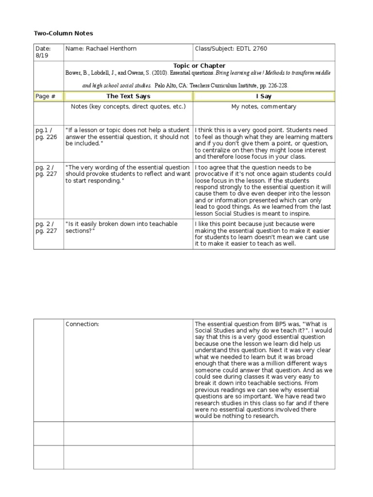 Two-Column Notes: and High School Social Studies. Palo Alto, CA ...