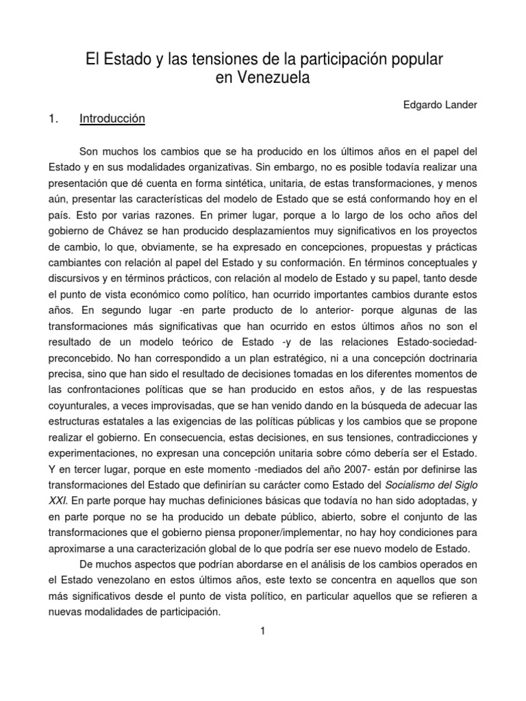 El ESTADO y Las Tensiones de La Participacin Popular en Venezuela ...