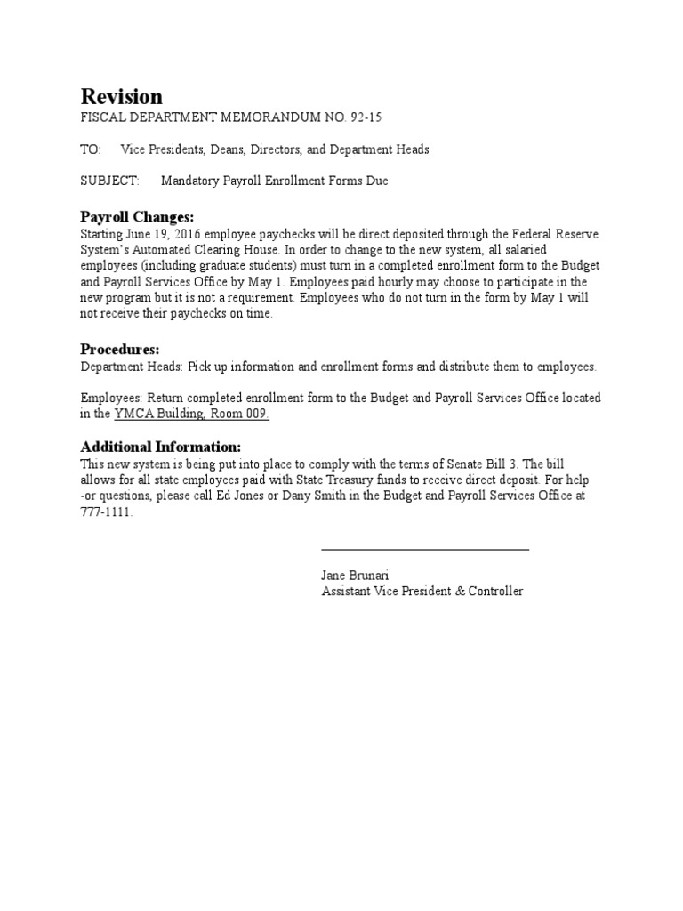 revision memo Paycheck Payroll