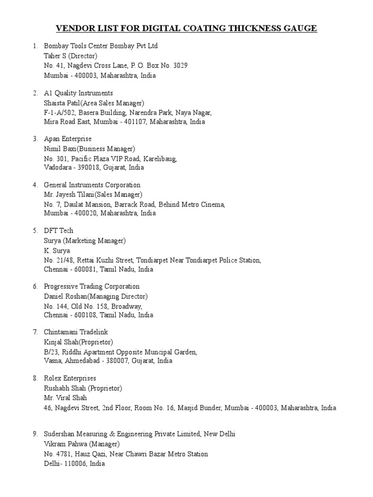 Mumbai Vendor List for Coating Gauges | PDF | Business