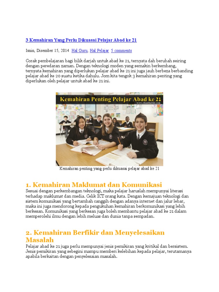 3 Kemahiran Yang Perlu Dikuasai Pelajar Abad Ke 21 Pdf