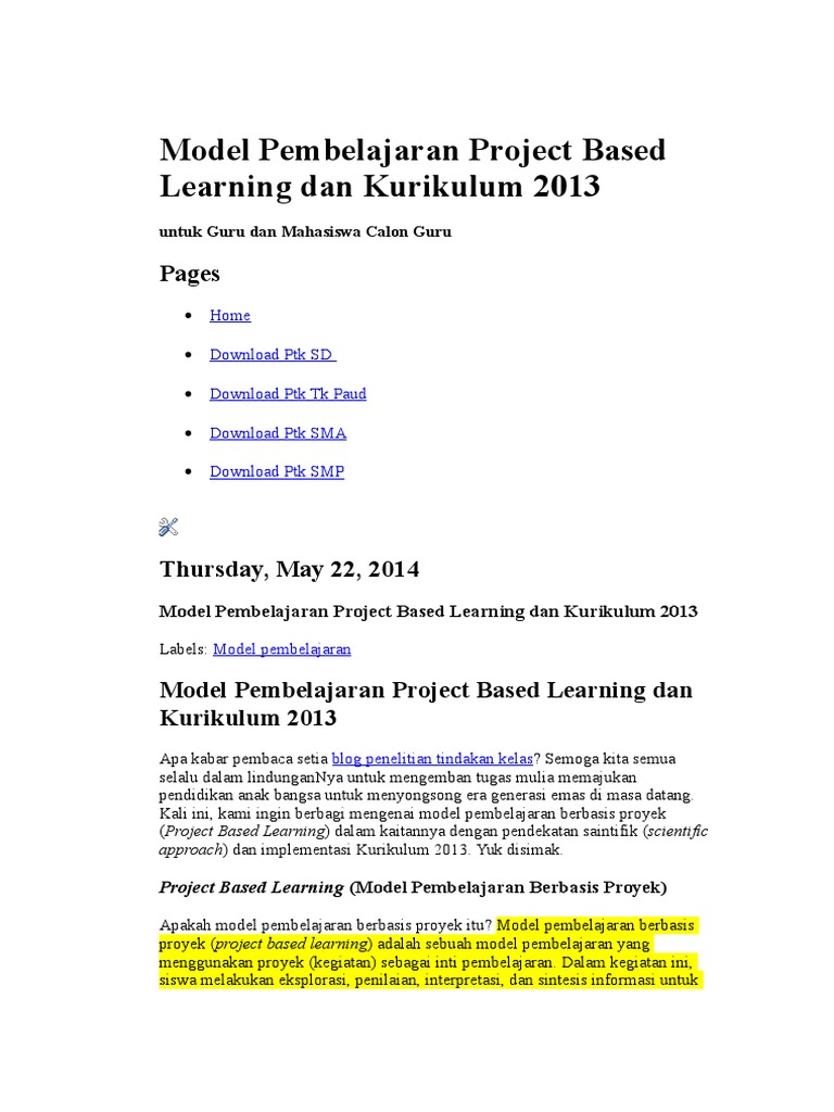 Model Pembelajaran Project Based Learning Dan Kurikulum 2013 | PDF