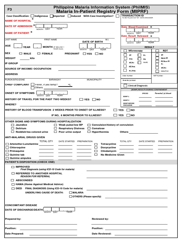 Malaria In-Patient Registry Form | PDF