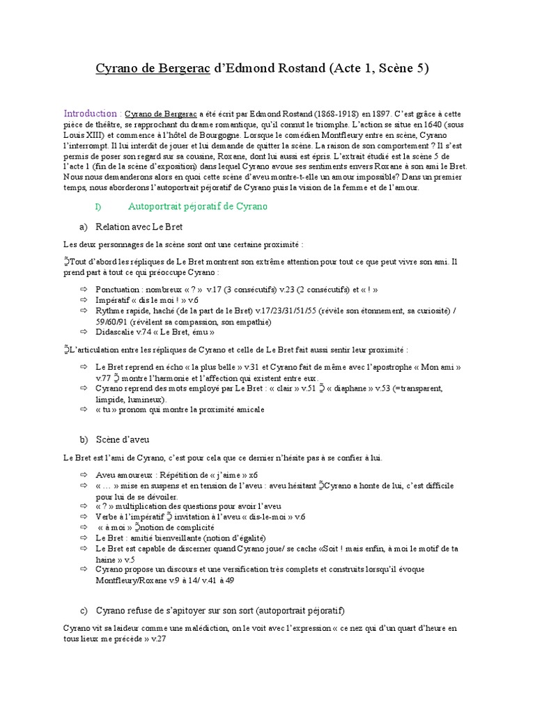 Fiche De Lecture Cyrano De Bergerac 4eme BAC Cyrano de Bergerac Acte 1 Scène 5 | PDF