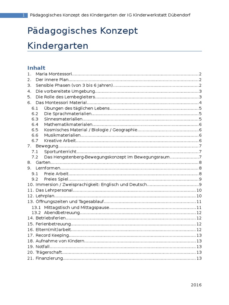 Pädagogisches Konzept Kindergarten IG Kinderwerkstatt Dübendorf | PDF