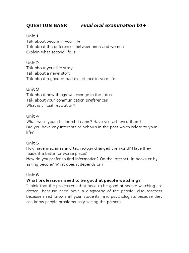 question bank FINAL ORAL EXAM B1+ Social Networking Service Test