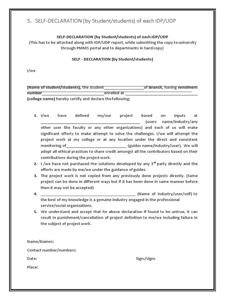 SELF DECLARATION (By Student/students) of Each IDP/UDP | PDF