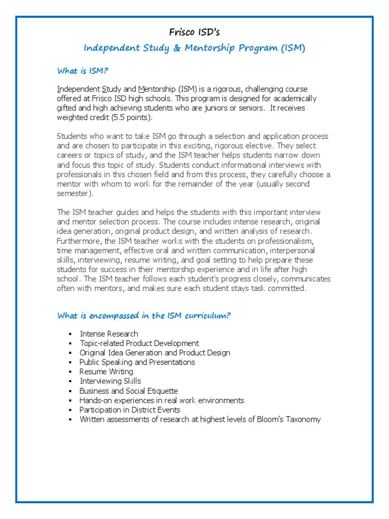 Frisco ISD ISM Program Overview 2021-22 | PDF | Mentorship | Teachers