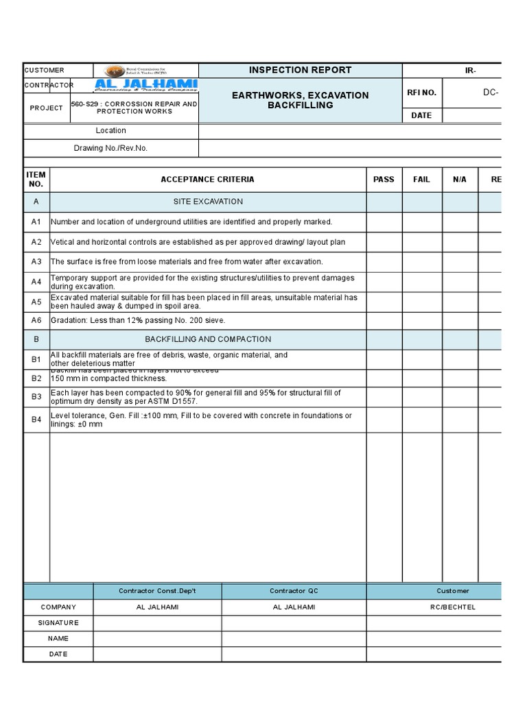 Checklist Earthwork, Excavation and Backfilling