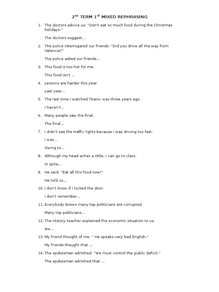 Mixed Rephrasing Exercises for Students | PDF
