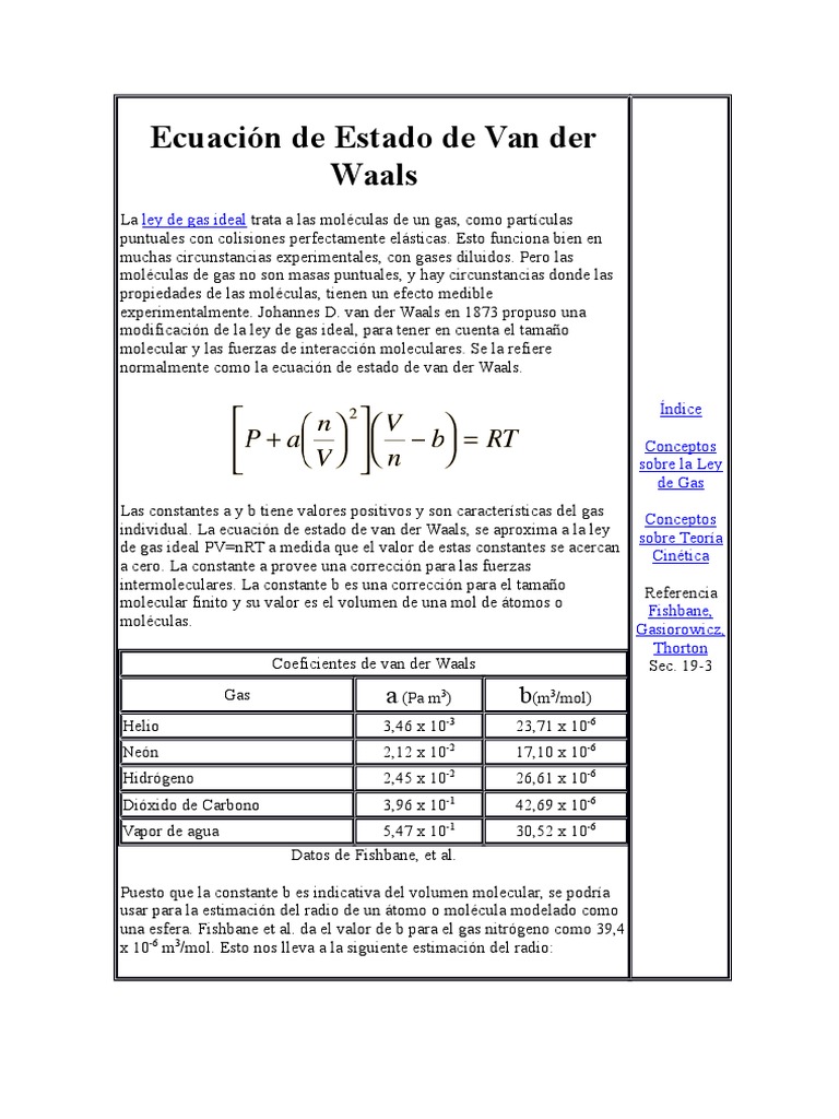 Ecuación de Estado de Van der Waals | PDF | Gases | Mole (Unidad)