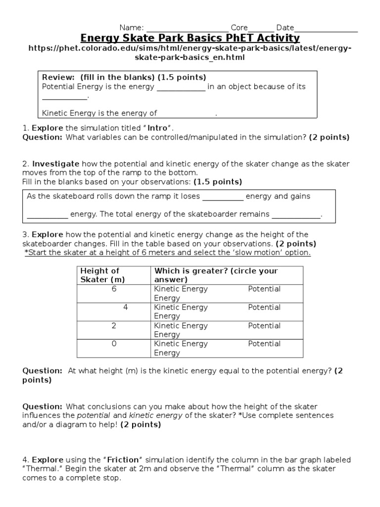 Energy Skate Park Simulation Conservation Of Energy Answer Key