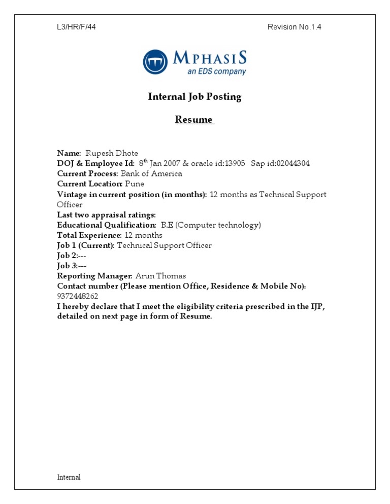 Internal Job Posting Resume Sample | PDF | Career & Growth
