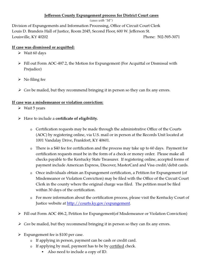 Jefferson County, Kentucky Expungement Process For District Court Cases