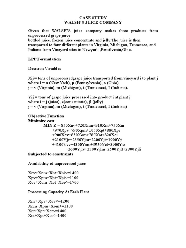 WALSH's Juice Company Case Study PDF Systems Analysis Algorithms