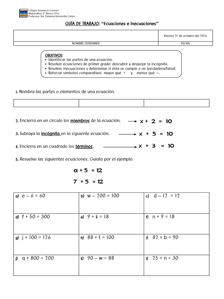 GUÍA ECUACIONES E INECUACIONES 4°BÁSICO
