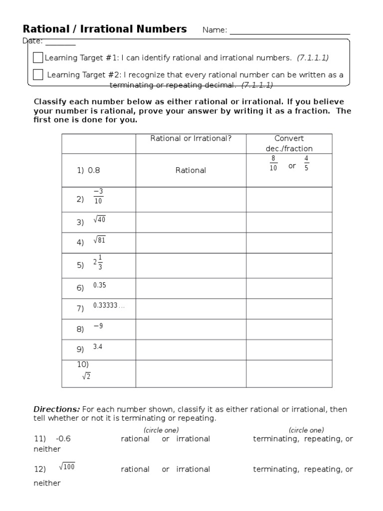 Identifying Rational And Irrational Numbers Worksheet