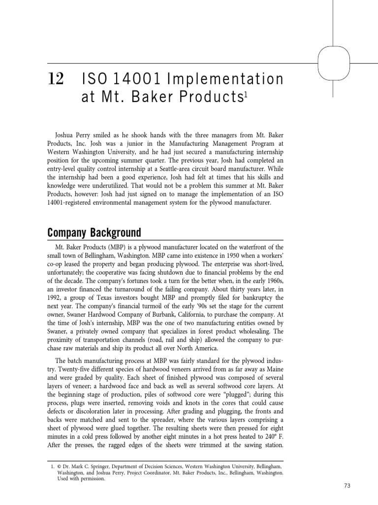 ISO 14001 Implementation at Mt. Baker Products Company Background