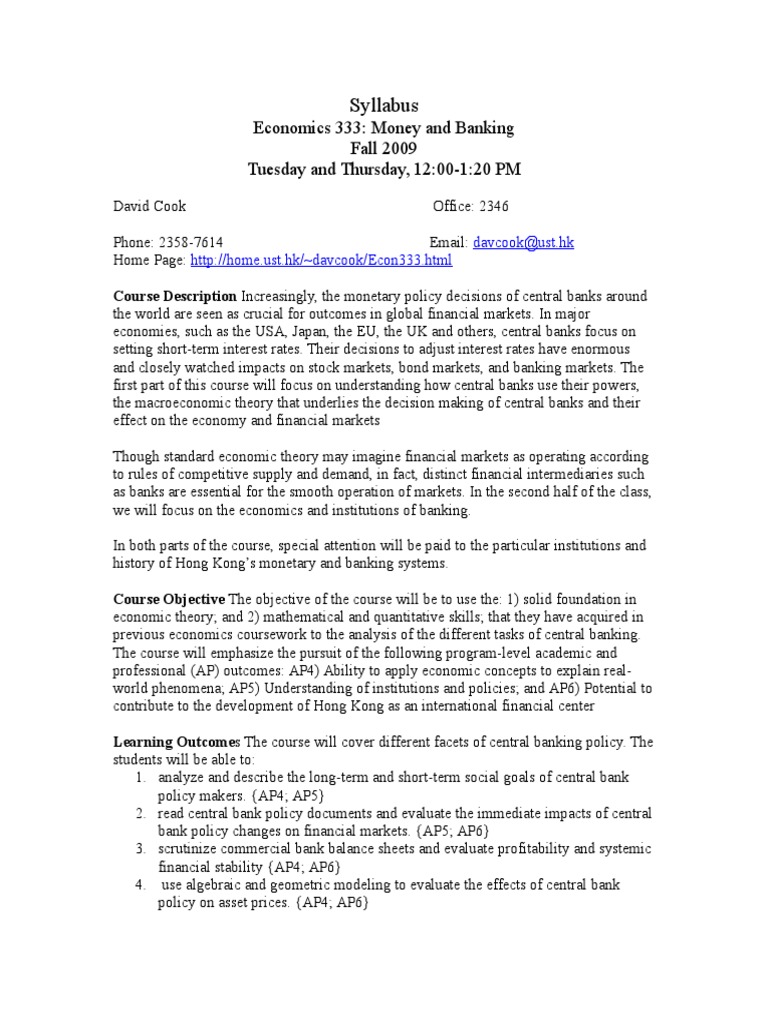 Syllabus Economics 333 Money and Banking Fall 2009 Tuesday and