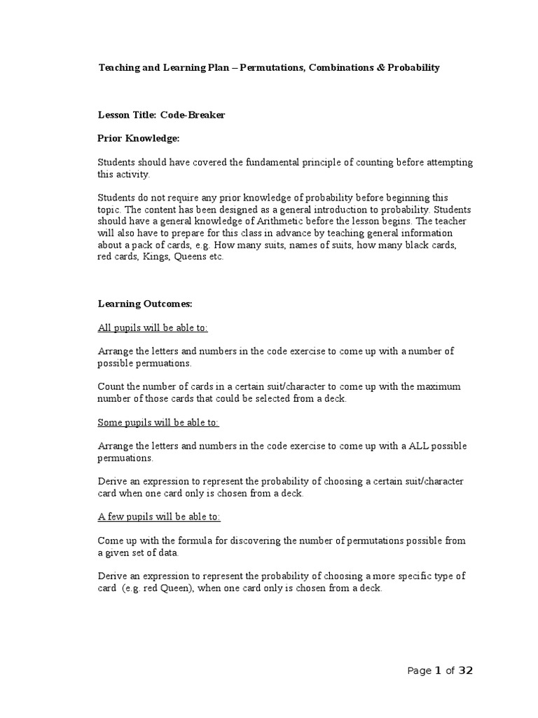 Permutations Combinations And Probability Pdf Playing Cards