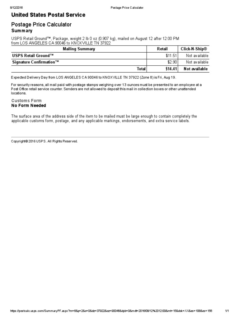 United States Postal Service Postage Price Calculator Customs Form PDF