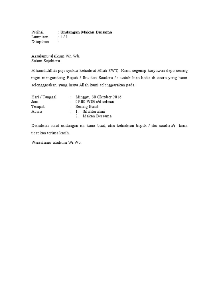 Contoh Surat Undangan Jamuan Makan Resmi