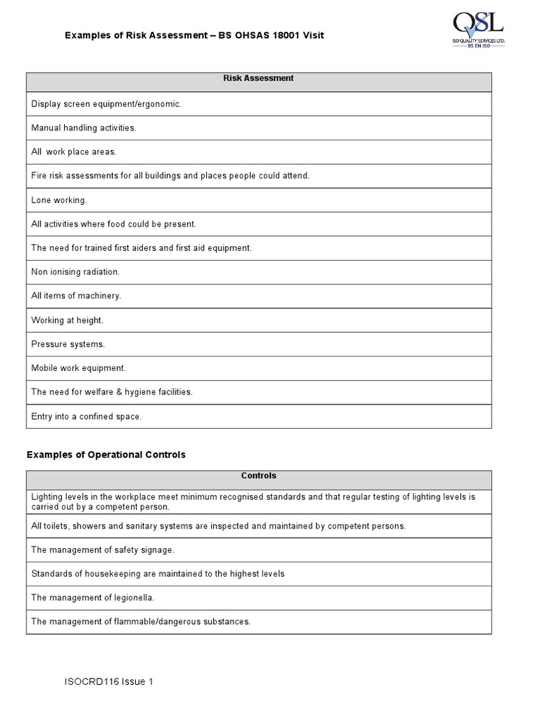 Risk Assessment Examples for OHSAS 18001 | PDF