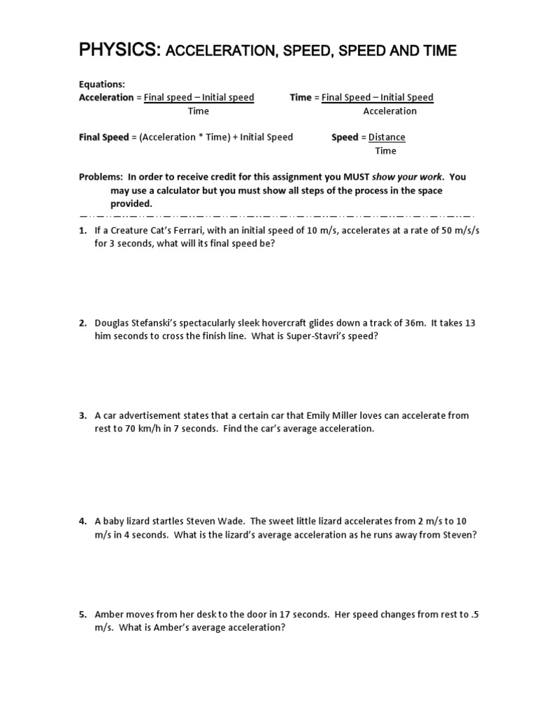 worksheet Acceleration Problems Worksheet acceleration speed time worksheet pdf sports