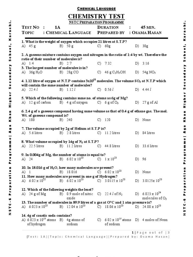 Chemistry MCQs Test Handouts Gases Filtration
